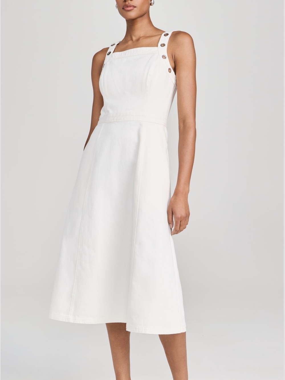 Shoshanna Fernanda White Denim Midi Dress Button Strap Fit & Flare Size 4